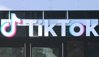 A logo is displayed over a door at the US headquarters of the social media company TikTok in Culv...