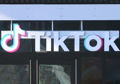 A logo is displayed over a door at the US headquarters of the social media company TikTok in Culv...