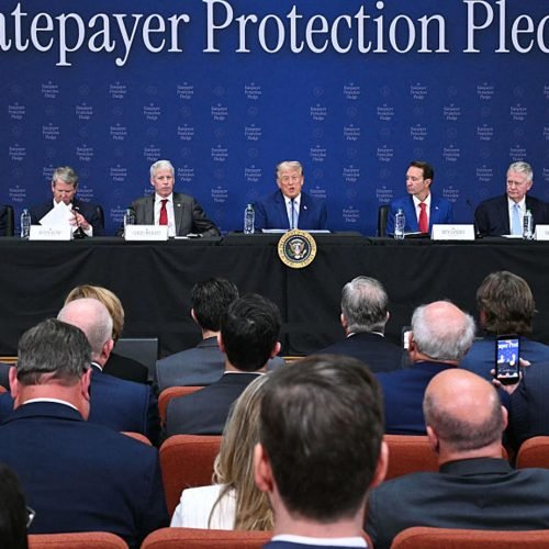 U.S. President Donald Trump speaks during an event about the Ratepayer Protection Pledge at the E...